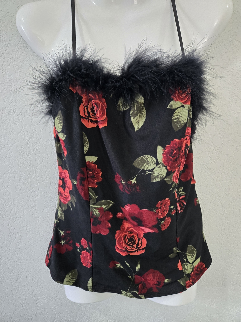 Feather-Trim Floral Camisole Top - Black with Red Roses